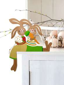 1 pieza Decoración de Pascua con tema de conejo y familia de madera, letrero colgante rústico para puerta, decoración de pared - Multicolor - Ver 8