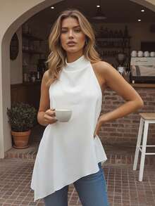Women's Asymmetrical Halter Top Dressy Sleeveless Flowy Tank Tops Sleeveless Asymmetrical Halter Top High Neck Loose Fit Flowy Tank Top Backless Casual Dressy Blouse Shirts - 白色 - 查看 5
