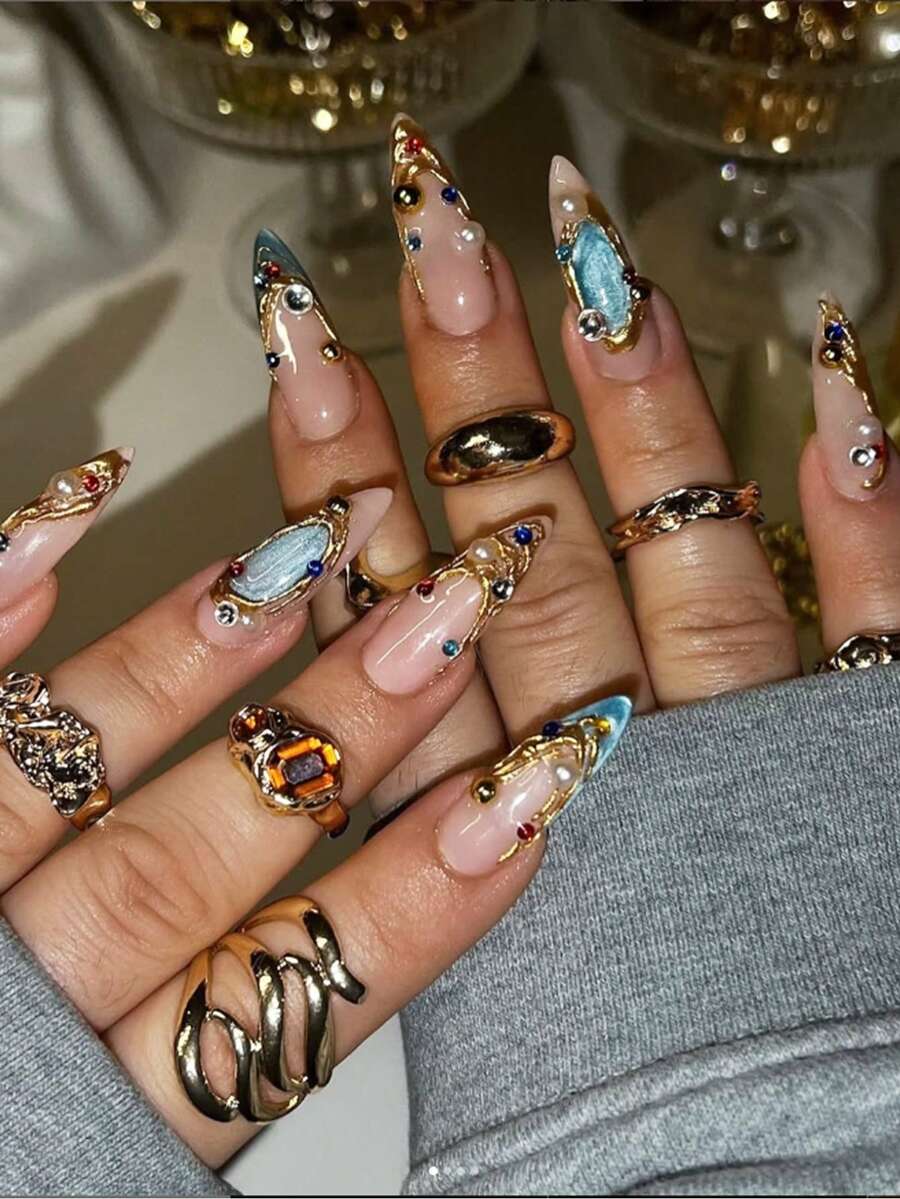 法式金色镀铬亚克力美甲 24 片尖头按压式甲片，DIY 艺术钻石宝石配件装饰假指甲套装 3D，适用于美甲沙龙、女性日常佩戴、节日派对和送礼。 - 彩色 - 查看 1