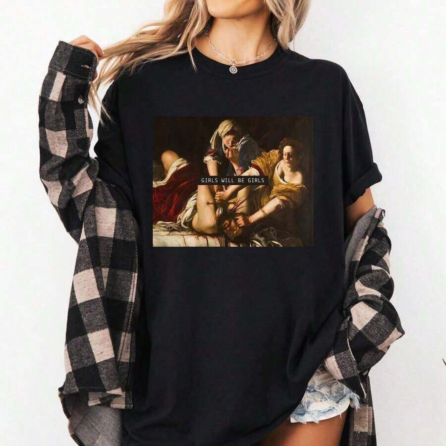 Girls Will Be Girls Shirt, Judith Beheading Holofernes Shirt,Girl Power,Soft And Comfortable Cotton,Casual,Letter Cartoon PrintingSports Short Sleeves - 黑色 - 查看 1