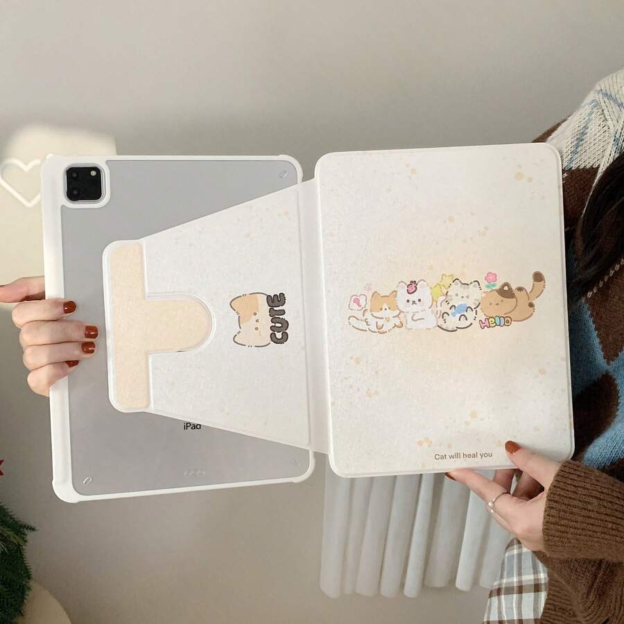 Ốp bảo vệ phẳng xoay 360 độ họa tiết mèo viền trắng dễ thương mới năm 2025, phù hợp với máy tính bảng iPad 10, 11 có khe cắm bút cảm ứng, tương thích với iPad Air 7/5/6 và iPad Air 10.2 thế hệ thứ 9. - trắng - Xem 1