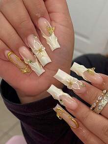 French Flower Acrylic Nails 24Pcs Gold Chrome Holographic Long Square Press On Nails, DIY Art Butterfly 3D Fake Nail Set, Suitable For Nail Salons, Women's Daily Wear, Holiday Parties, And Gifts. - Multicolor - View 1