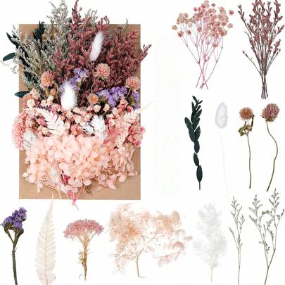 真干花，天然干花，混合天然压花，干花，适用于工艺品、树脂、蜡烛制作，春季情人节母亲节婚礼装饰