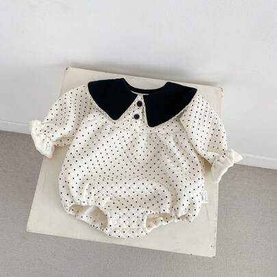 Spring & Autumn New Baby Clothes, Cute Baby Girl Contrast Color Collar Printed Bodysuit, Polka Dot Princess Style Bodysuit