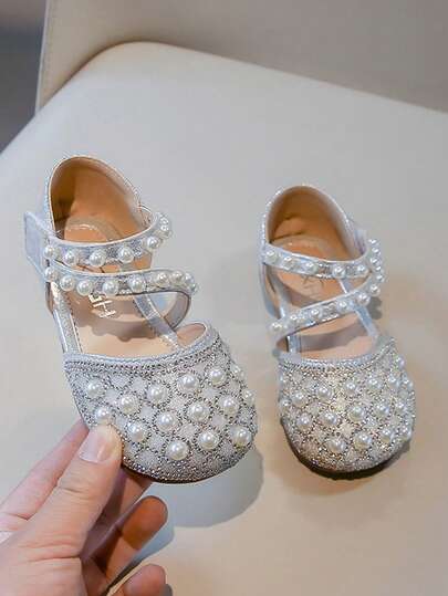 1 Pair Girls' Spring/Summer New Pearl Decor Crystal Flat Shoes, Princess Style Leather Shoes, Korean Fashion, Pearl Half Sandals, Soft Bottom, Toddler Ballet Dance Performance Shoes,