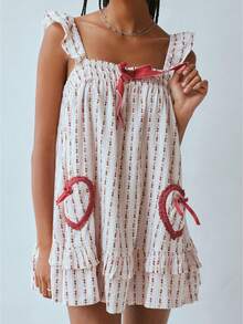 Vestido babydoll mini con lazo Y2K para mujer, tirantes finos, volantes, vestido fluido con tirante cruzado, estampado gráfico, vestidos para salir en vacaciones. - Rosa - Ver 1