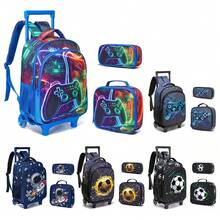 3件套男童拉杆背包，儿童游戏/足球/宇航员印花背包，手提包，户外包，铅笔盒，最佳返校礼物 - 拉桿包三件組 - 查看 2