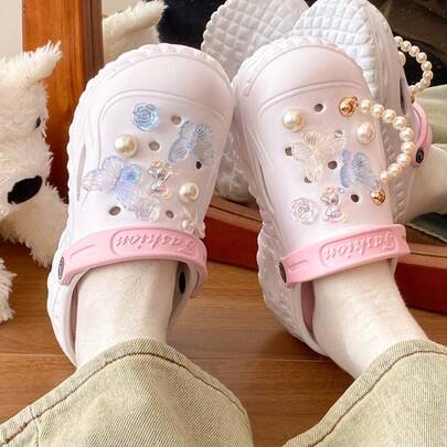 Women's Summer Versatile Commuting Casual Hollow Wedge Sandals, Thick Sole Elevator, Can Be Worn Outdoors, DIY Butterfly Pearl Beach Comfortable Slippers