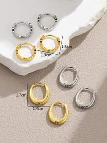 4 Pairs Vintage Copper Geometric Oval Hoop Earrings, Minimalist & Versatile Earring Set Suitable For Women's Daily And Holiday Wear - Set a - View 7