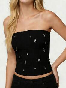 Women Tube Tops Sleeveless Strapless Rhinestone Decor Slim Fit Summer Crop Vest - Black - View 5