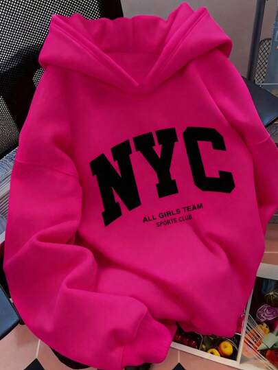 Mujer003 Sudadera de mujer  invierno sudadera de manga larga cómoda suave Sudadera de color rosa con el estampado  NYC  y  ALL GIRLS TEAM SPORTS CLUB , una prenda atractiva para el día a día
