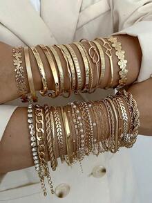 30/20/10/6pcs Multi-Piece Stacking Vintage Elegant Fashionable Minimalist Delicate Floral Geometric Ribbon Pearl Crystal Bling Bling Heart Floral Criss-Cross Braided Snake Bone Chain Airplane Chain Braided Chain Box Chain Lock Chain Cuban Chain Smooth Simplistic Plain Chain Bracelet Set, Suitable For Holiday, Party, Date, Gift, Daily Wear - 黃金 - 查看 2