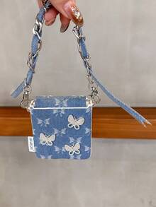 Women's Foldable Phone Case With Side Metal Buckle, Denim, 3 Rhinestones, Butterfly, Wrist Strap, Protective Cover, Fashionable Design, Suitable For Samsung Galaxy Z Flip7, Galaxy Z Flip7 FE, Galaxy Z Flip6, Galaxy Z Flip5 - Multicolor - View 5