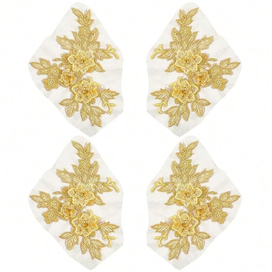 [Free Shipping]2 Pairs 4Pcs Gold 3D Floral Embroidery Lace Applique Vintage Solid Patches Sew On Polyester Flower Embroidered Appliques For Sewing MaFKing Dresses Bags Home Decor Accessories DIY Crafts - 金子 - 查看 1