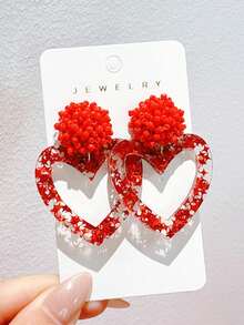 一对可爱的情人节爱心亚克力耳环，饰有红色小珠和星星，浪漫礼物，送给女孩的耳环 - 彩色 - 查看 2