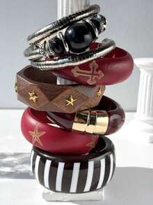 Vintage Burgundy, Black, Brown Striped Resin Bangle, Asymmetrical Geometric Starfish & Cross Wooden Bangle, Dystopian Punk Chic Jewelry, Charming & Elegant Accessories For Women, Suitable For Vacation & Music Festivals - Multicolor - View 3