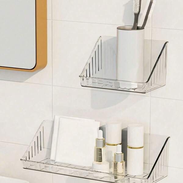 Wall-Mounted No-Drill Storage Rack, Waterproof Shelves, Adjustable Dividers, Bathroom Shower Cosmetics Storage, Transparent Acrylic Cabinet, Space-Saving, High Load Capacity (Random Style & Color For L Size)