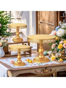 1 pieza Soporte redondo dorado para pastel, bandeja de postre con decoración elegante de encaje, adecuado para bodas, cumpleaños, fiestas, celebraciones, exhibición de pasteles - Multicolor - Ver 9