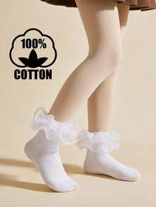 1双棉质女童大蕾丝边舞蹈袜，优雅公主风短袜，适合派对穿着 - 白色 - 查看 9
