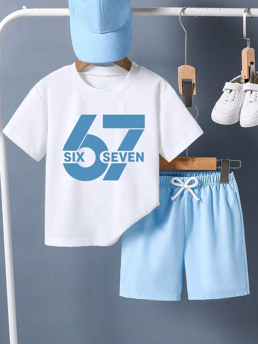 Conjunto de camiseta de manga corta con cuello redondo y estampado gráfico de dibujos animados y pantalones cortos para niño preadolescente - Blanco - Ver 1