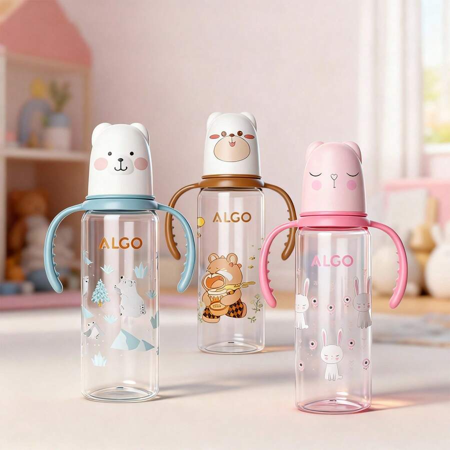 1个240毫升卡通小熊婴儿奶瓶，直筒带提手，防胀气宽口奶瓶，液体硅胶奶嘴，耐咬，适合日常使用 - 彩色 - 查看 1