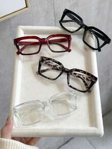 4pcs Women's Plastic Rhinestone Square Full-Rim Multi-Color Elegant Portable Perfect Ins Style Casual Transparent Glasses, Suitable For Office Outfits, Fits All Face Shapes As Decoration - 4pcs 黑透明透紅白豹紋 - 查看 3