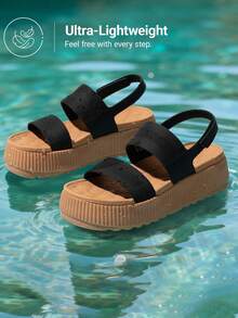 Women's Waterproof 1.69inch Platform Water Sandals Adjustable Casual Lightweight Wedge Chunky Sandals For Beach Vacation Summer Black Shoes - 黑色/PU - 查看 6