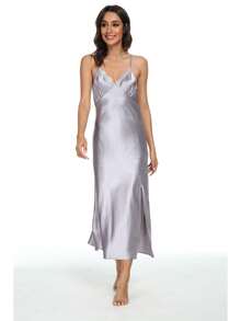 Women Silky Satin Nightgown Sexy Lace Chemise Lingerie Long Sleepdress For Ladies Sleepwear Slip Negligee 3073 - Charcoal Grey - View 5