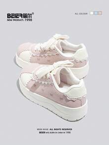 BEIER 春秋新款时尚百搭真皮圆头平底系带滑板鞋（女款） - 粉色 - 查看 7