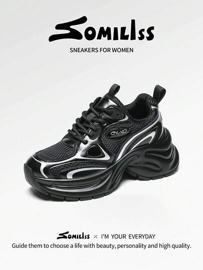 somiliss 1双女士休闲运动鞋，低帮系带仿皮网面鞋面，舒适跑步鞋，时尚加厚鞋底（增高6厘米），2026年春季新款，黑色，适合四季户外步行
