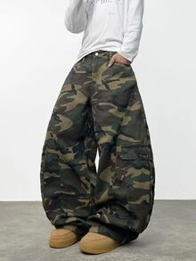 1 buah Celana Jeans Patchwork Longgar Multi-Saku Motif Kamuflase Gaya Jepang, Celana Kaki Lebar Kasual untuk Aktivitas Luar Ruangan, Sepanjang Musim - Hijau Tentara - View 1