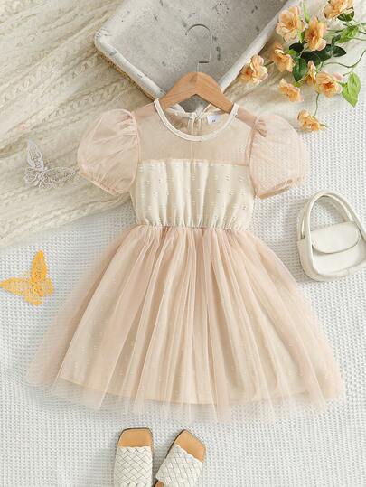 Summer Young Girls' Elegant Dress, Round Neck Back Open Teardrop, Sheer Sleeve Patchwork Jacquard Design, Sweet Style, Fashionable Casual Cute Girls Dress, Suitable For Party, Birthday, Dance, Daily Wear