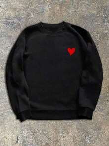 WeStyle Hub Valentine's Day Men's Casual Loose Fit Heart Print Crew Neck Long Sleeve Sweatshirt, Spring/Autumnlatest Fashionvalentine's Day>Outfit - 黑色 - 查看 3