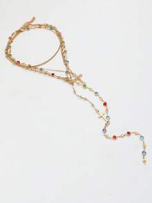 4pcs/Set Vintage Cross Rhinestone Decor Y-Necklace Set, Multi-Layer Chain Necklace, Fashion Casual Jewelry, Gift For Women, Suitable For Party, Date, Daily Wear, Birthday, Friendship, Etc. - Yellow Gold - View 4