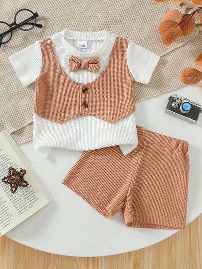 2pcs Baby Boy Casual Contrast Color Knit Round Neck Short Sleeve 2 In 1 Top And Brown Shorts Set, Summer
