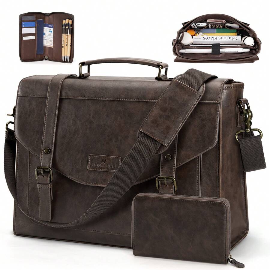 Flap Messenger Bag For Men Vintage PU Vegan Leather Laptop Bag 15.6 Inch Professional Mens Briefcase Waterproof Satchel Bag Men With Card Purse Computer Bag For Work College Office - 咖啡 - 查看 1