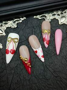 10片装DIY可爱巴洛克朋克铬金属光泽Y2K法式亚克力假指甲,包含粉色、红色、棕色、金色、豹纹长款尖头指甲,饰有3D美甲宝石、手工雕刻花朵、樱桃、金珠、金圈、手绘爱心、蝴蝶结等装饰,适合圣诞派对和日常佩戴,女士和女孩适用。套装包含凝胶贴纸、指甲胶水、指甲锉和美甲工具。 - 彩色 - 查看 4