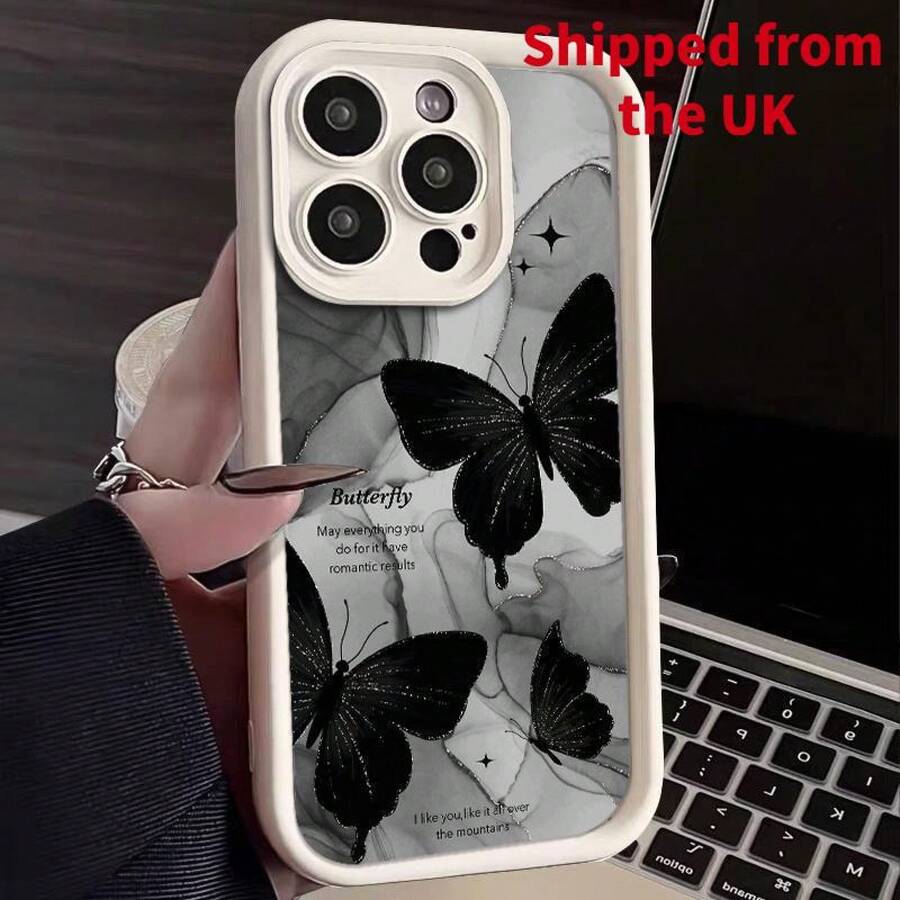 Butterfly Pattern Phone Case, Shockproof Phone Protective Cover, Phone Accessory Compatible With IPhone 11 12 13 14 15 16 Pro Max/Pro/Plus - Antique White - View 1