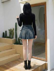 YEAE | YKK 复古蓝高腰百褶 A 字裙 - 深色水洗藍 - 查看 3