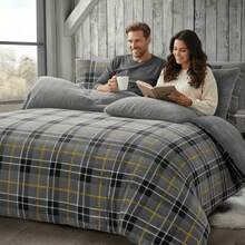 Teddy Check Fleece Duvet Cover Set Soft Cosy Warm Checked Teddy Bear Bedding Set - Grey - View 3