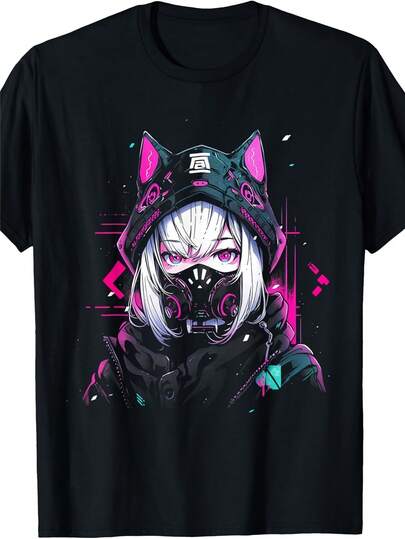 1PC Cyberpunk Anime Girl Cat Ear Mask Graphic Women's Tshirts