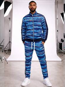 Mens All Over Print Designer Print Zip Up Jacket Track Suit Two Piece Set - Navy Blue - View 2