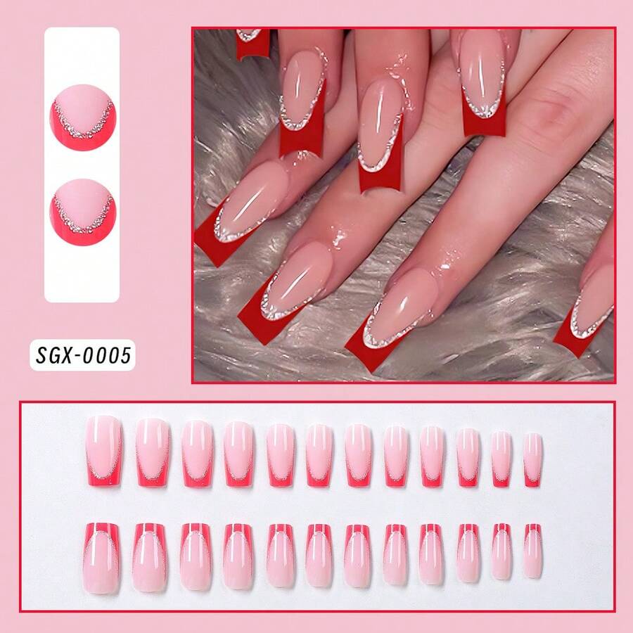 24Pcs Medium Square French Tip Press On Nails Medium Heart Pattern With Glitter Fit Perfectly Acrylic False Nails Set,Contain 1Pc Jelly Glue And 1Pc Nail File,Easy To Wear Acrylic Fake Nails Art French Tip Nail For Woman Girl Daily Work Festivals Party Use Nail Supplies Nails - 黑色 - 查看 1