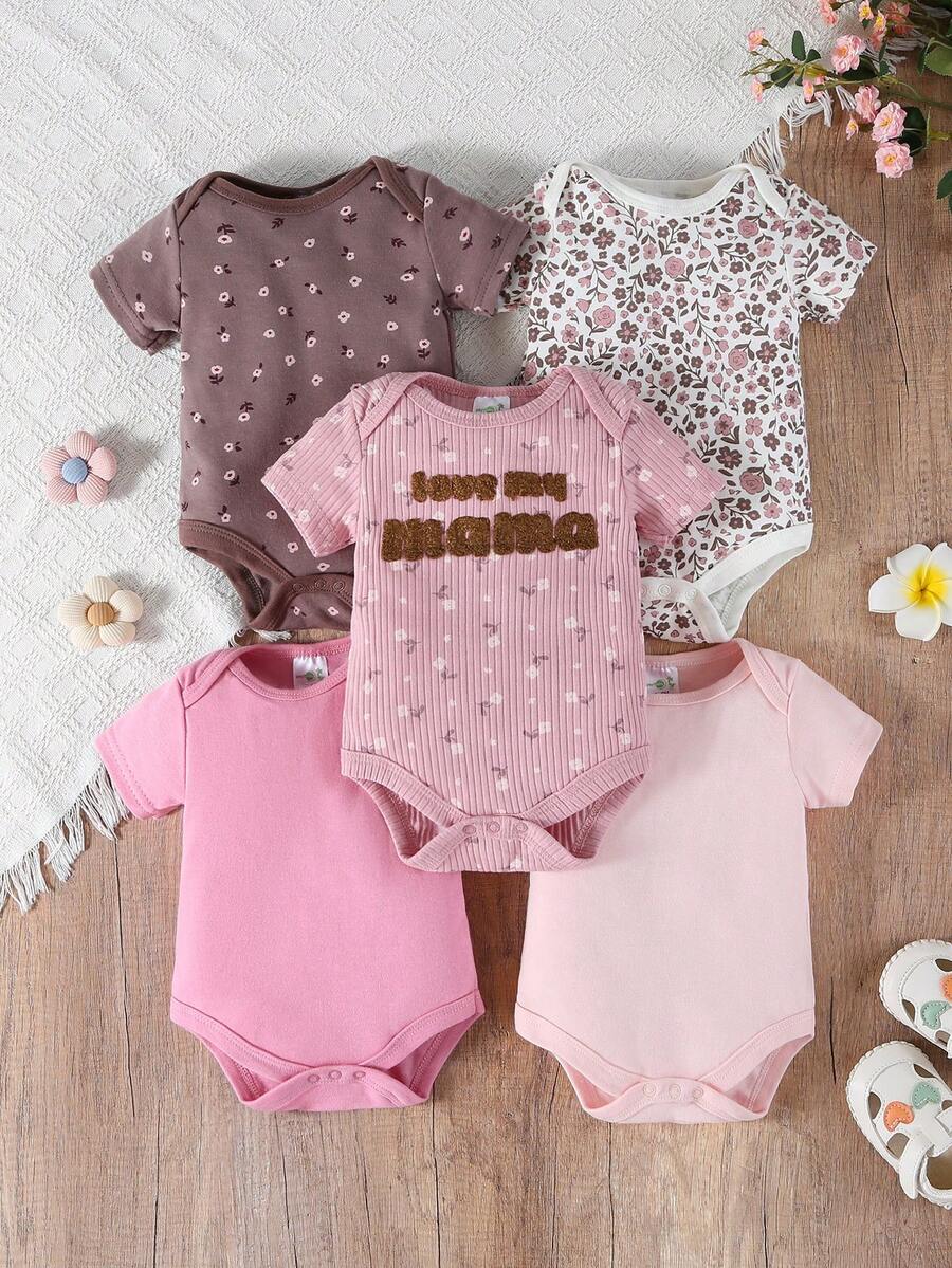 5-Piece Baby Triangle Romper Cotton I Love Mommy Flower Printed Women's Baby Jumpsuit Wrapped Burden Baby Clothes Outfits For Outdoor Use, Daily Home Wear - 中紫紅色 - 查看 1