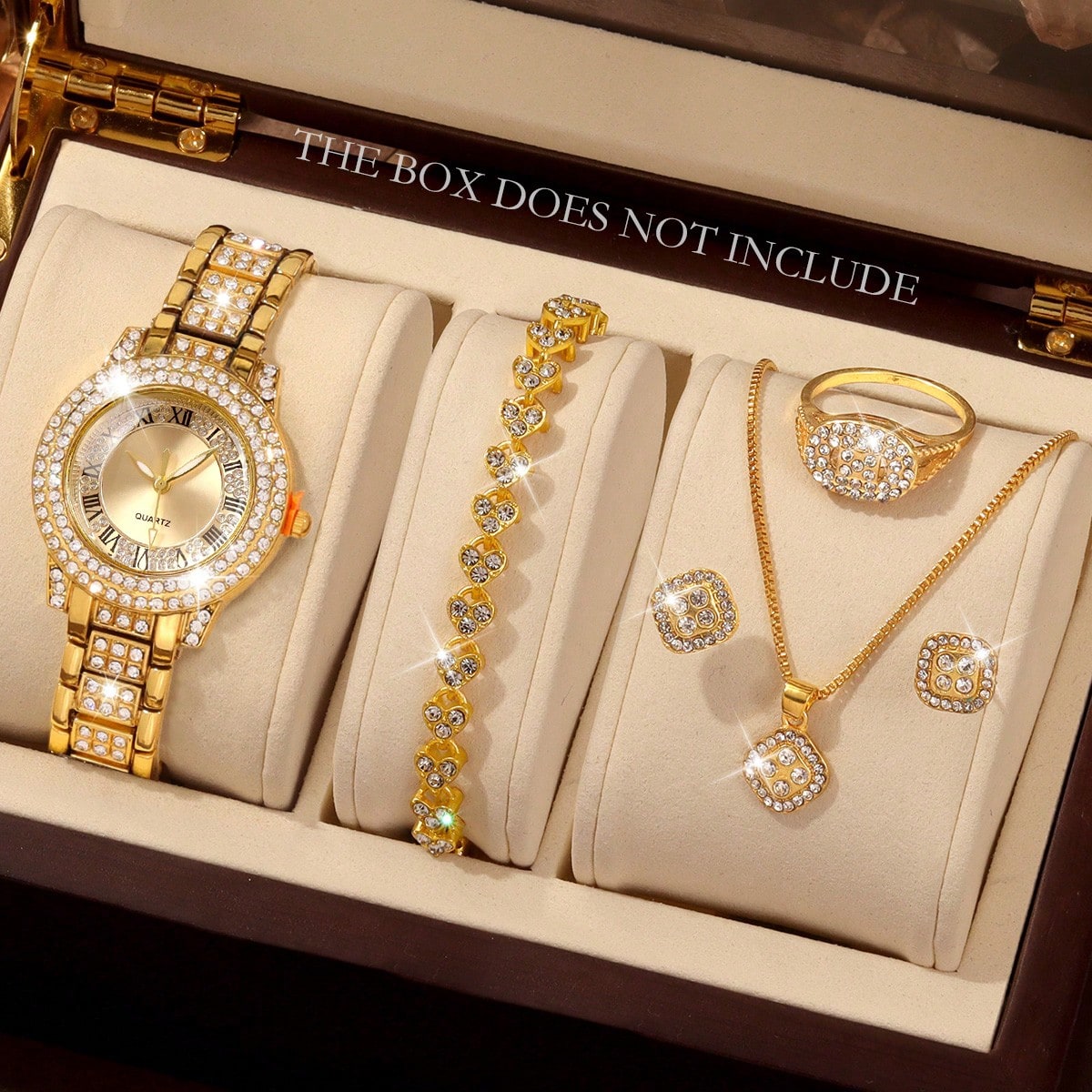 Set de 6 relojes de cuarzo para mujer, que incluye pulsera, collar, anillo y aretes, esfera redonda, diseño personalizado sin escala, correa de tama?