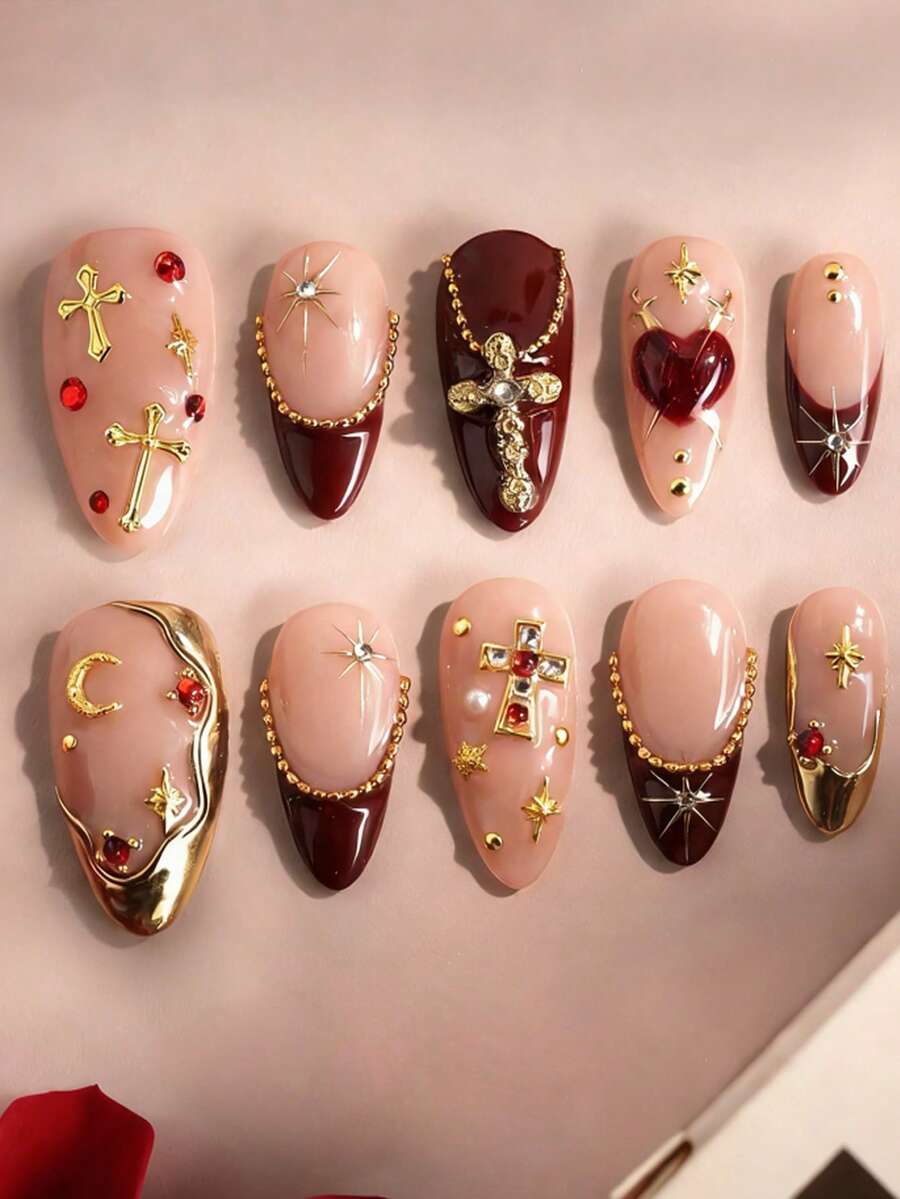 10pcs Y2K Metallic Chrome Acrylic Nail Stickers, French Medium Almond Shape Press-On Nails, 3D Decor With Heart/Star/Bead/Chain, Suitable For Nail Salons, Girls And Women, Everyday Wear, Holidays And Gifts - Multicolor - View 1