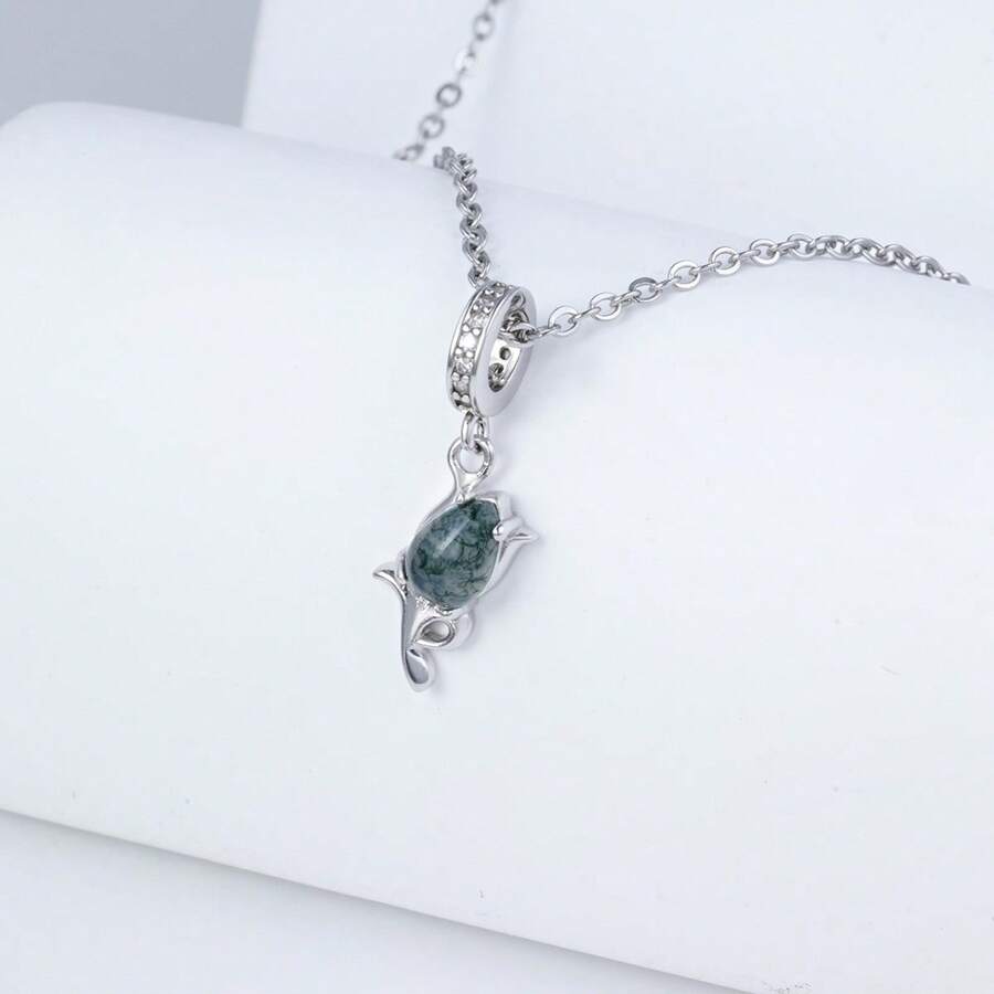 1 pieza Elegante y lujoso collar colgante de flor de tulipán de ágata incrustada en plata de ley 925, adecuado para uso diario, citas, regalos, fiestas y reuniones de mujeres - Plateado - Ver 1