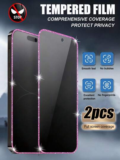 2 件粉色闪光屏幕保护膜，夜光，防偷窥钢化玻璃屏幕保护膜，防汗，防碎，防盗，兼容 iPhone11/12/13/14/15/16/16Plus/16Pro/16Promax/16e/17/17 Air/17 Pro/17 Pro Max
