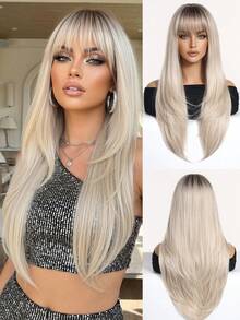 26英寸长直发渐变金色假发，带刘海，耐热合成假发，适合女性日常佩戴 - 挑染金色 - 查看 5