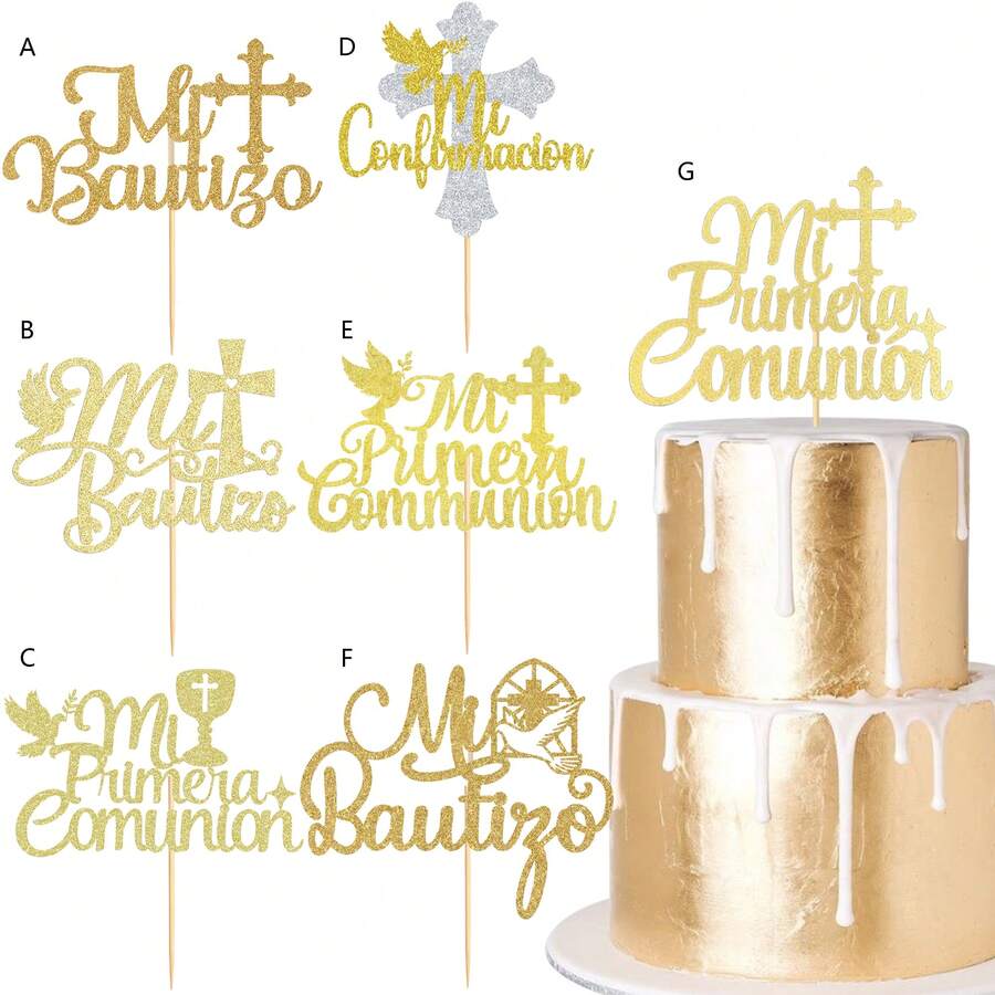 1pc/3pcs/6pcs Glitter Communion Cake Decorations, Baptism Party Cake Decor - Multicolor - View 1